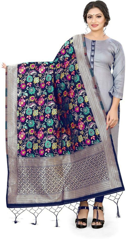 HYPHORIA Women Navy Jacquard Woven Design Dupatta