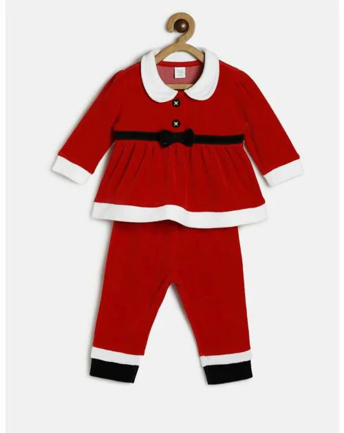 MINI KLUB Baby Girls Red Cotton Top And Bottom