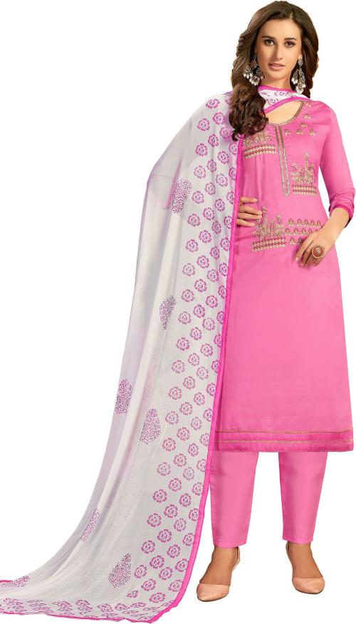 Manvaa Women Pink Embroidered Cotton Semi-Stitched Dress Material
