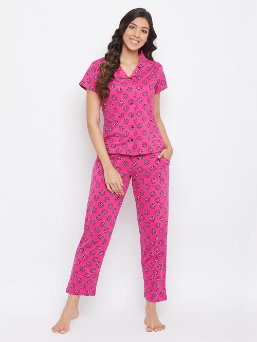Clovia Women's Magenta Geometric Print Cotton Pack of 2 Top & Pyjama Set