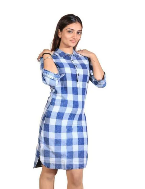 Copper For The Mettle In You Women White Checkered Cotton Blend Knee Length Dresses_966/65/36-XXL
