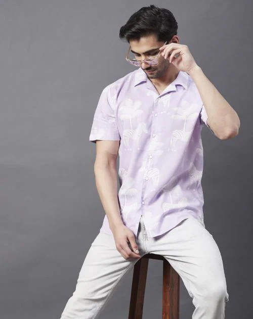 Rigo Men Purple Zebra Print Cuban Collar Half Sleeve Rayon Shirt