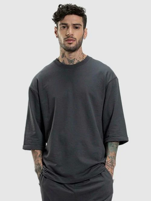 Bewakoof Men's Grey Solid Round Neck Half Sleeve Super Loose Fit T-Shirt