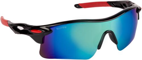NuVew UV Protected Mirrored Unisex Sports Sunglasses - (Mirror Blue-Green Lens | Black-Red Frame | Medium Size)