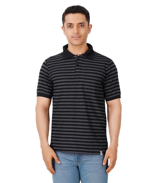 Suman Tex Men Black Striped Cotton Regular Polo T-Shirts (M)
