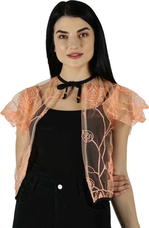 DGDNDY Women Peach Self Design Net Shrug ( XL)