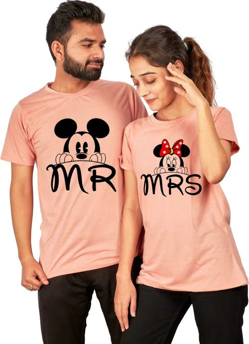 Tween Trends Cartoon Couple Round Neck Pink T-Shirt - S