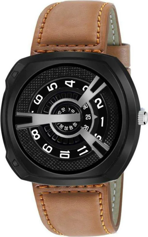 Bolun Analog Black Dial Brown Strap Watch For Men