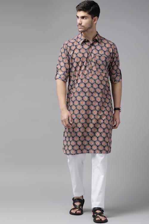 SEE DESIGNS Men Blue Regular Pure Cotton Pathani Printed Men's Kurta With White Salwar