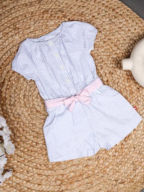 Nino Bambino 100% Organic Cotton Round Neck Short Sleeve Raglan Jumpsuit With Pink Belt For Baby Girls ( 18-24 Months )