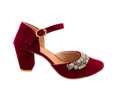 Red Heels Women Pointed Marron Velvet Ethic Block Heels Sandals For Women and Girls For Wedding & Party Ocassions With 3 inch Heels Height