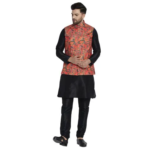 Bontestitch Men's Silk Blend Black Kurta Pajama with Designer Ethnic Nehru Jacket | Modi Jacket | Waistcoat (Size: M, MT_ORANGE)