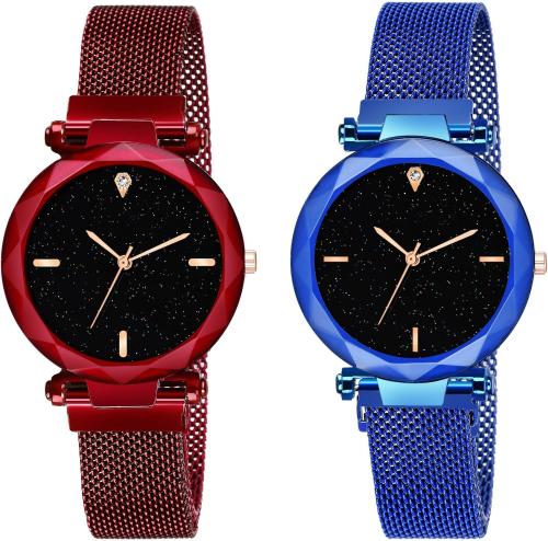 TRUE COLORS Analog Black Dial Red and Blue Strap Wrist Watch for Girls (Pack of 2)