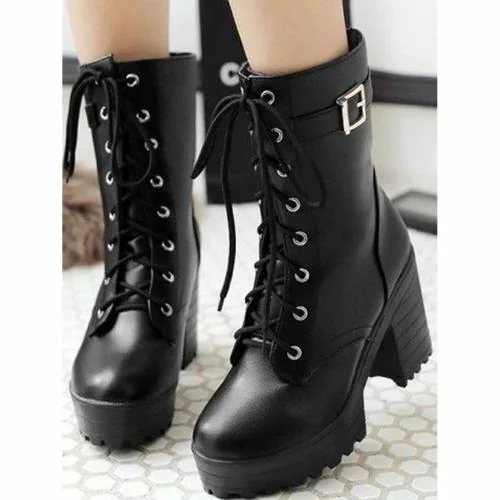 Shoeopia Strappy Buckle Ankle Black Boots for Women & Girls