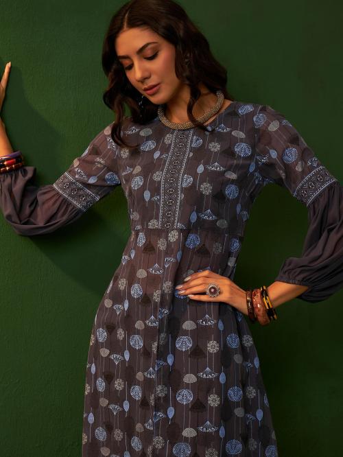 ZIYAA Grey Georgette Flare Kurta Palazzo Set