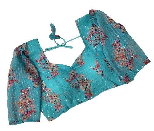 Hitarth Fashion Women's Trending Digital Print with Embroidery Sequence Georgette Fabric Blouse Blue