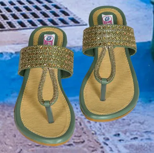 R.N FOOTWEAR Stylish Footwear Sandal For Women - Soft & Comfortable Women Flip Flop Slipper | Ethnic Sandals | Sandal For Girls | Indian Sandals | Flats For Womens | Fancy Sandals (Green) (UK 8)