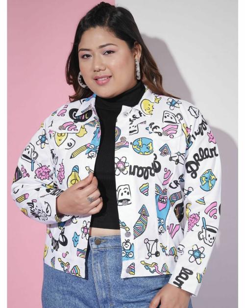 Buynewtrend Curvy White Toko Twill Plus Size Printed Women Jacket