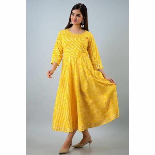 ETHNI JAIPUR Lehariya Kurti for Women Striped Fit & Flare Cotton Kurta Anarkali Kurta Ethnic Dress for Women | Yellow | Size-3XL