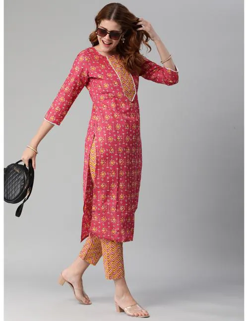 Anni Designer Women's Cotton Blend Pink Straight Printed Kurta with Trouser
