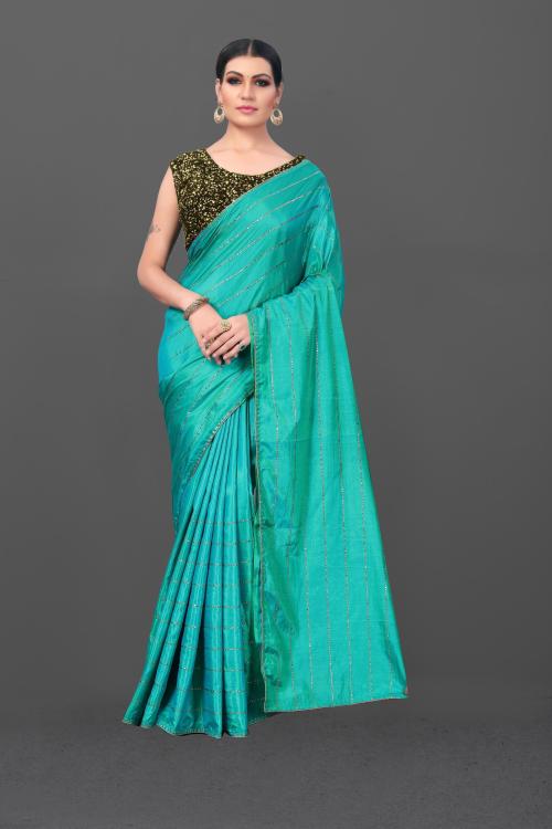 AKSHARAM Women Blue Embellished Silk Blend Bollywood Saree