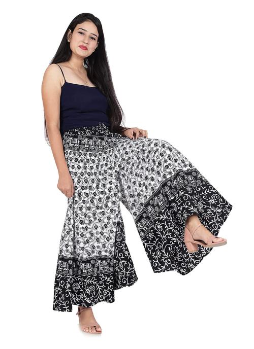 SHREE VITTHAL Women Black, White Printed Cotton Palazzo