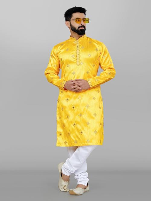 OUTLUK Traditional Indian Yellow Colour Kurta With Embroidery Work And Raymond Cotton Pajama set