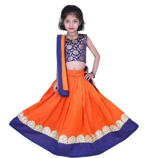 Buy HARI CHARAN ENTERPRISE _ D9Kids Girls Orange Embroidered Cotton Lehenga, Choli and Dupatta