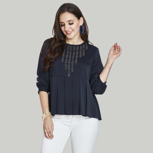 HRIMSON FASHION WOMEN'S PLAIN NAVY PARTY WEAR PLEATED TOP WITH STONE WORK