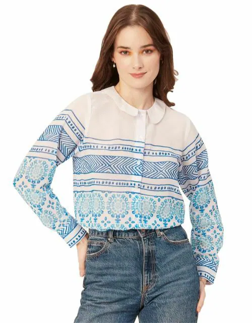 Moomaya Women’s Printed Peter Pan Collar Shirt, Long Sleeve Button Down Designer Shirt