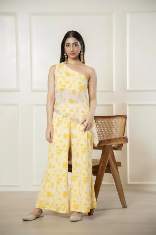 Urban Sundari Yellow Georgette One Shoulder Floral Printed Sleeveless Palazzo Top Set Co-Ord Set For Women