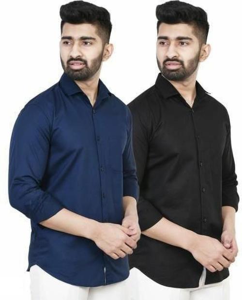 BOUGHT FIRST Solid Regular Fit Combo of 2 Shirt for Men's, Stylish Full Sleeves Pure Cotton Shirt for Men's, Casual Formal Shirt for Men's -(Navy Blue+Black, M)