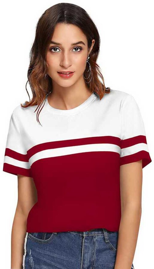 Popster White & Maroon Blocked Cotton Round Neck Regular Fit Half Sleeve Womens T-shirt Womens T-Shirt l women tshirt l tshirt for women