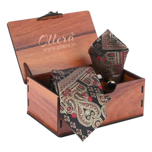 Ollera Men Premium Jacquard Collection Neck Tie Gift Set with Pocket Square & Cufflinks in Wooden Box