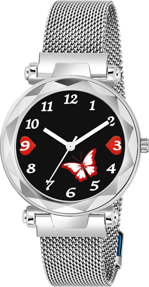Maan International Analog Wrist Watch Black Dial Silver Strap for Girls