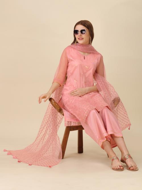 Shree Sheetal Fashion & Art Women's Foil Printed Kurti And Palazzo Set With Dupatta (Pink)