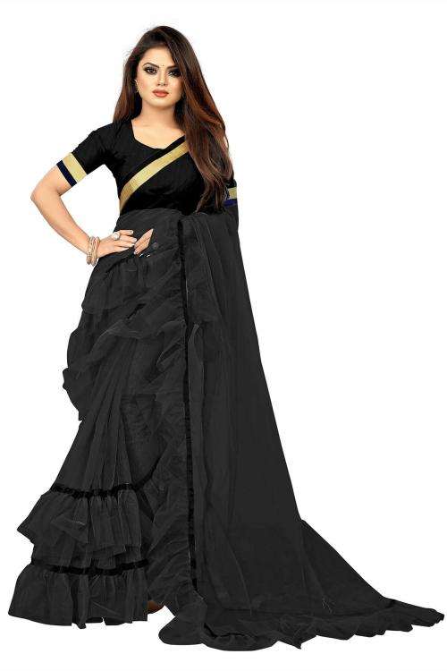 Aldwych Black Designer Net Ruffle Saree
