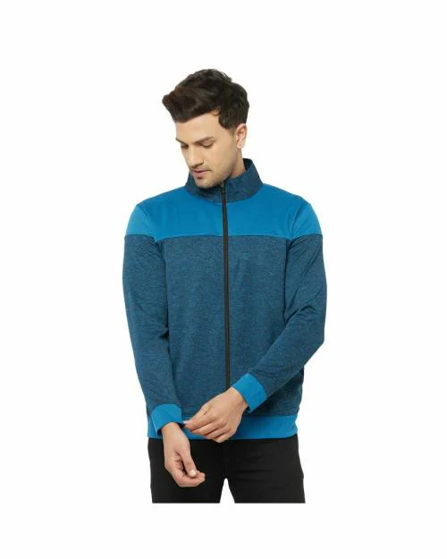 Glito Blue Color Blocked Stretchable Regular Fit Sports Wear Jacket/Upper For Men