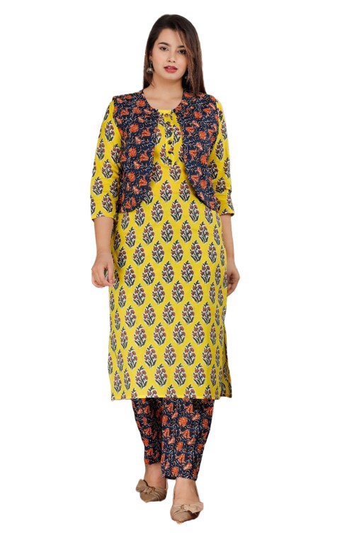 Clickedia Women's Fully Stitched Printed Cotton with Buttons Heavy wiastcoat and kurta pant set work Jaipuri Kurta, Ethnic Jacket and Pyjama Set