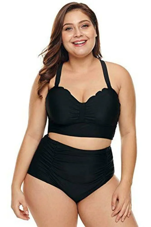 Plus Curvves Black Plus Size Scalloped Detail High Waist Bikini Swimwear - 2XL