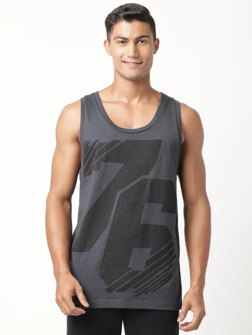 Jockey 9928 Men's Super Combed Cotton Rich Graphic Printed Low Neck Tank Top With Stay Fresh Treatment - Grey Melange