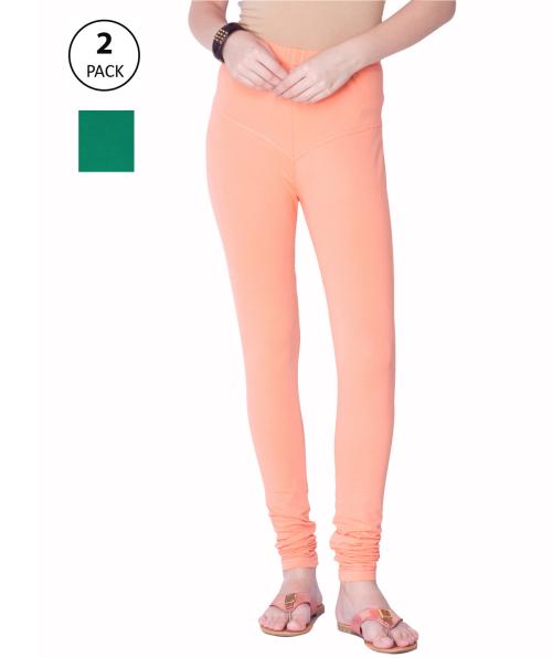 Dollar Women's Missy Pak Green and Peach Color Combo Pack Churidar Leggings