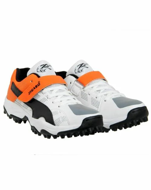 Zigaro Acer White Orange Rubber Cricket Shoes For Men
