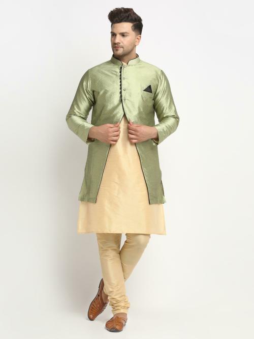 Benstoke Men's Gold Kurta With Pyjama & Beige Self Design Jacket