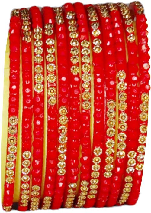 Buy Arus Red Glass Beads Bangle Set For Women, Girls, Pack Of 12
