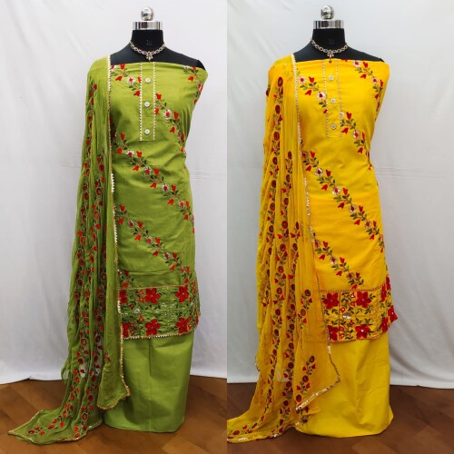 AmpleLuxe women Aari tari work Best design flower SUIT Party wear suit and casual Pack of 2(yellow & Green) Pack of 2
