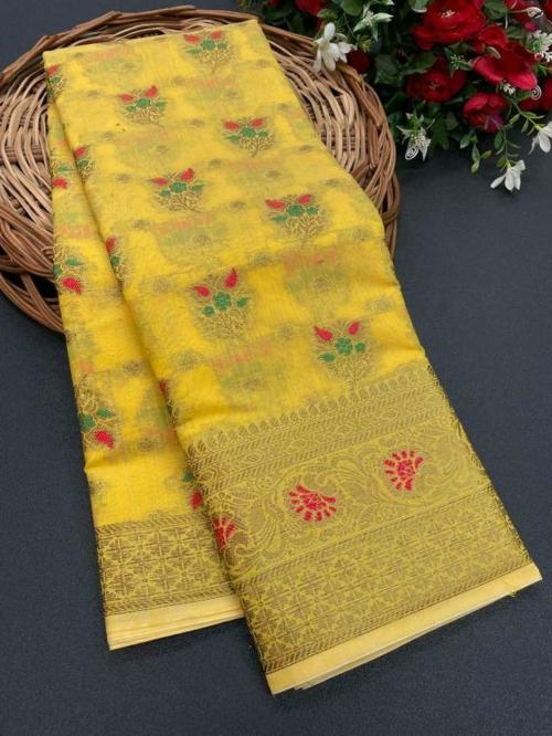 TRIGUNA Women Yellow Floral Print Cotton Linen Saree