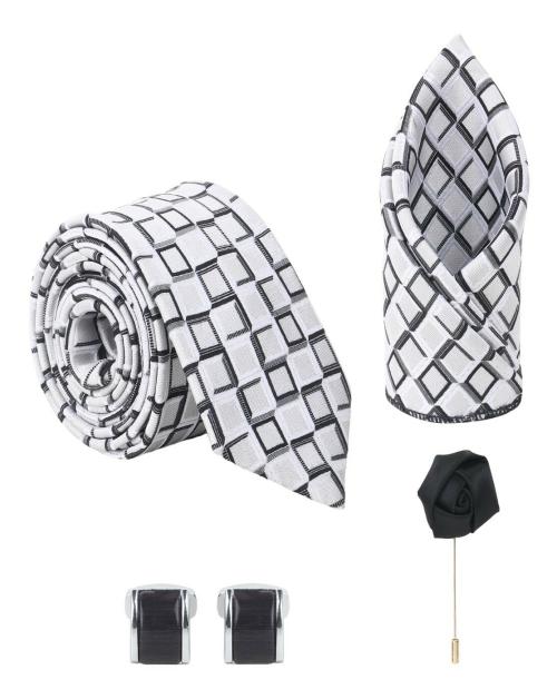 KANTH LANGOT Men's Formal Casual Jacquard Geomertic Pattern Black and White Neck Tie Pocket Square Rectangle Shape Thin Bezel Black Cufflinks and Black Flower Lapel Pin Set Combo - Set of 4 Items
