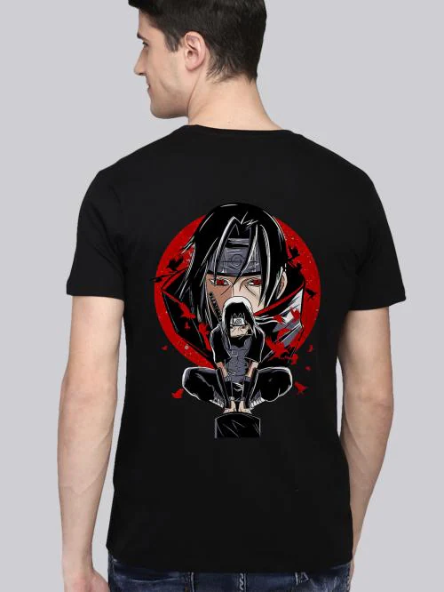 BLISSINK Naruto Kakashi Hatake Front And Back Printed Black Cotton Tshirt for Men