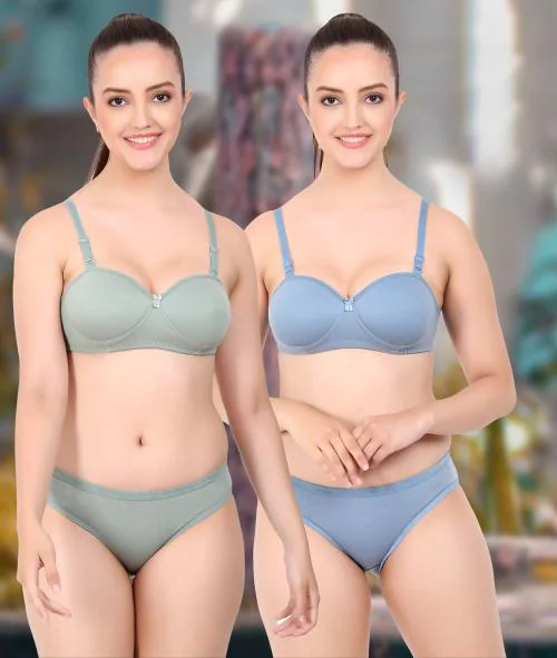 PIBU Trendy Style Green,Blue Bra Panty Set For Women Lingerie Set Pack of 2
